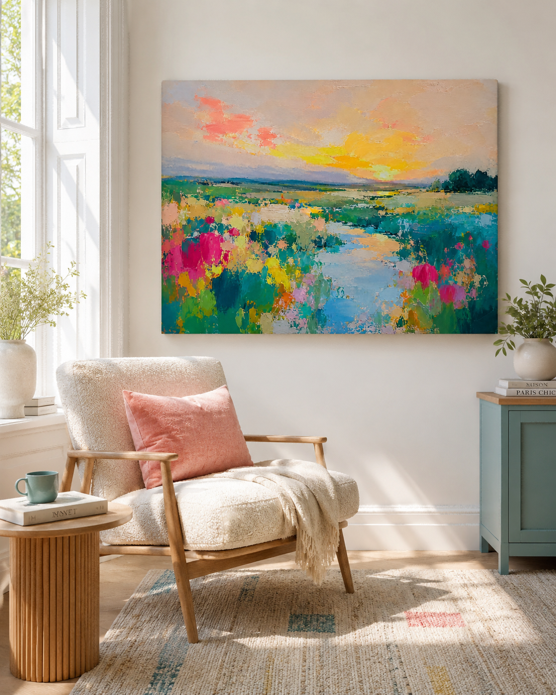 Colorful Floral Landscape Hand-Painted Canvas Art With Warm Sunset Tones