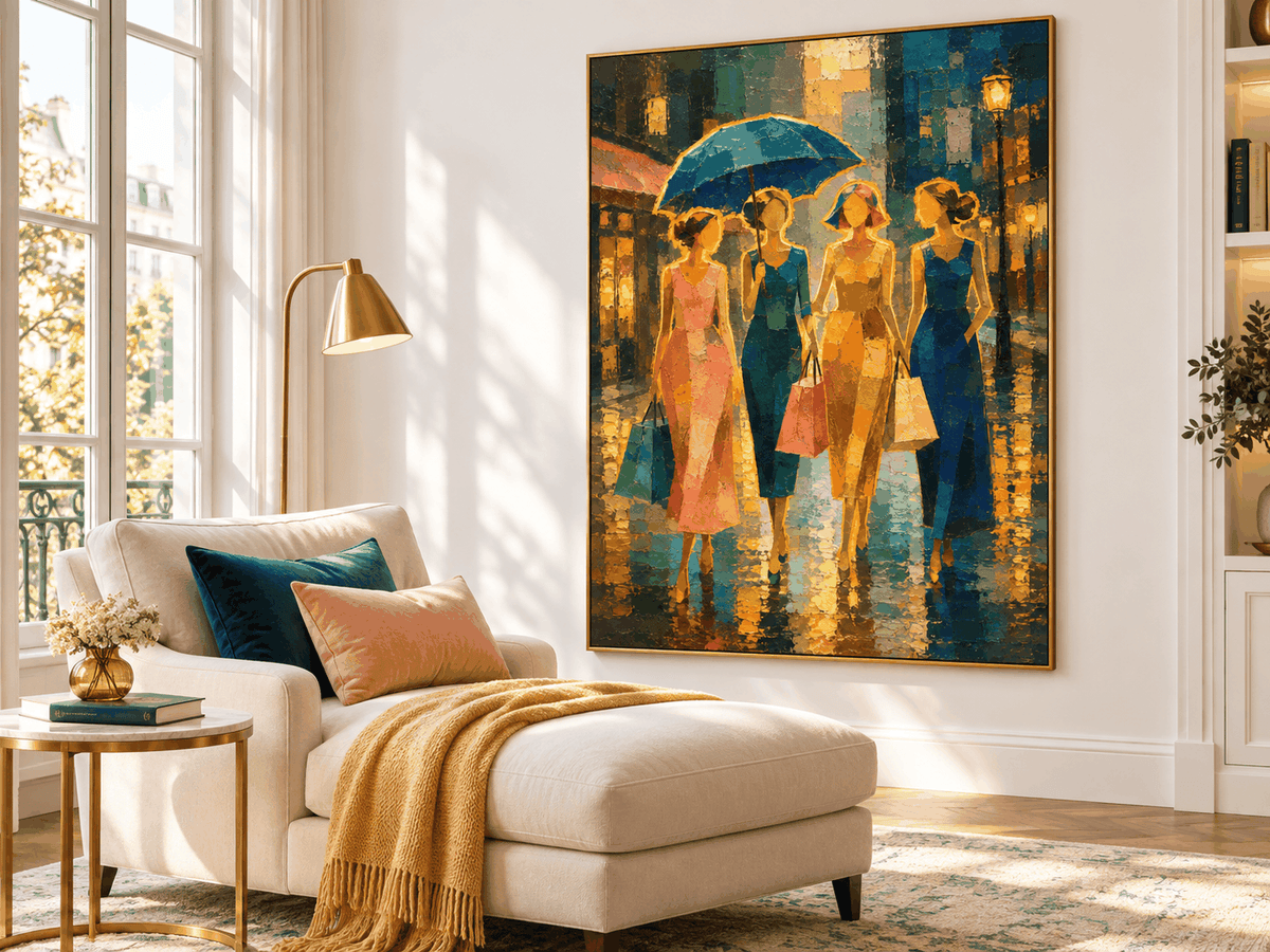 Textured Expressionist Painting Of City Life In Retro Style Hand-Painted Fashion Women With Umbrella Canvas Art