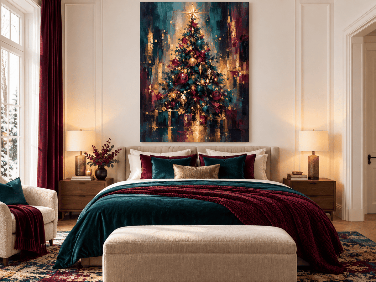 Abstract Christmas Tree Canvas Painting With Gold Star And Ornaments