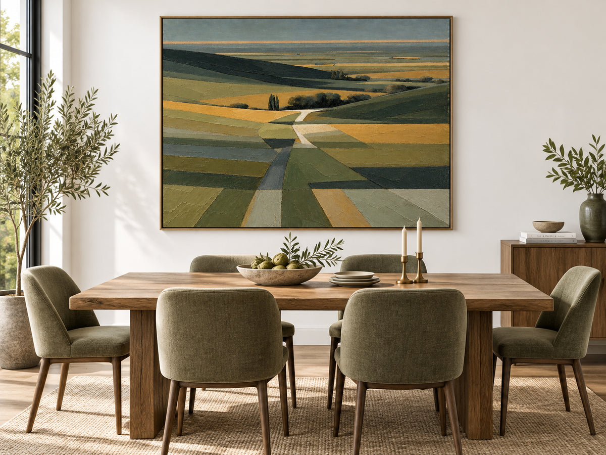 Minimalist Impressionist Oil Painting With Geometric Fields And Moody Sky