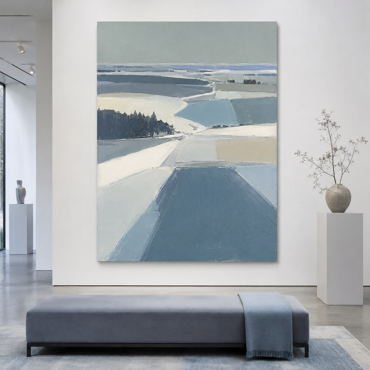 Modern Minimalist Winter Landscape Painting With Ice Blue Tones For Living Room Geometric Abstract Art