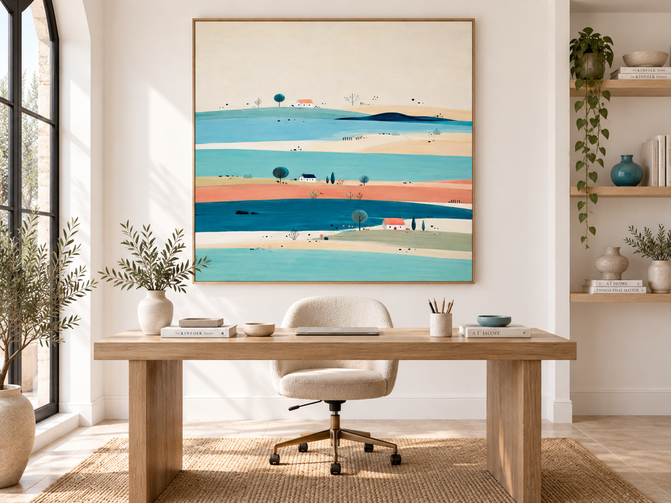 Hand-Painted Minimalist Landscape With Blue River And Houses