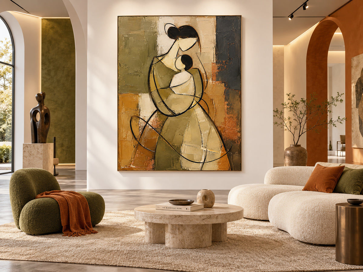 Vintage Style Minimalist Line Art Painting Warm Brown And Green Tones Abstract Mother And Child Canvas Painting