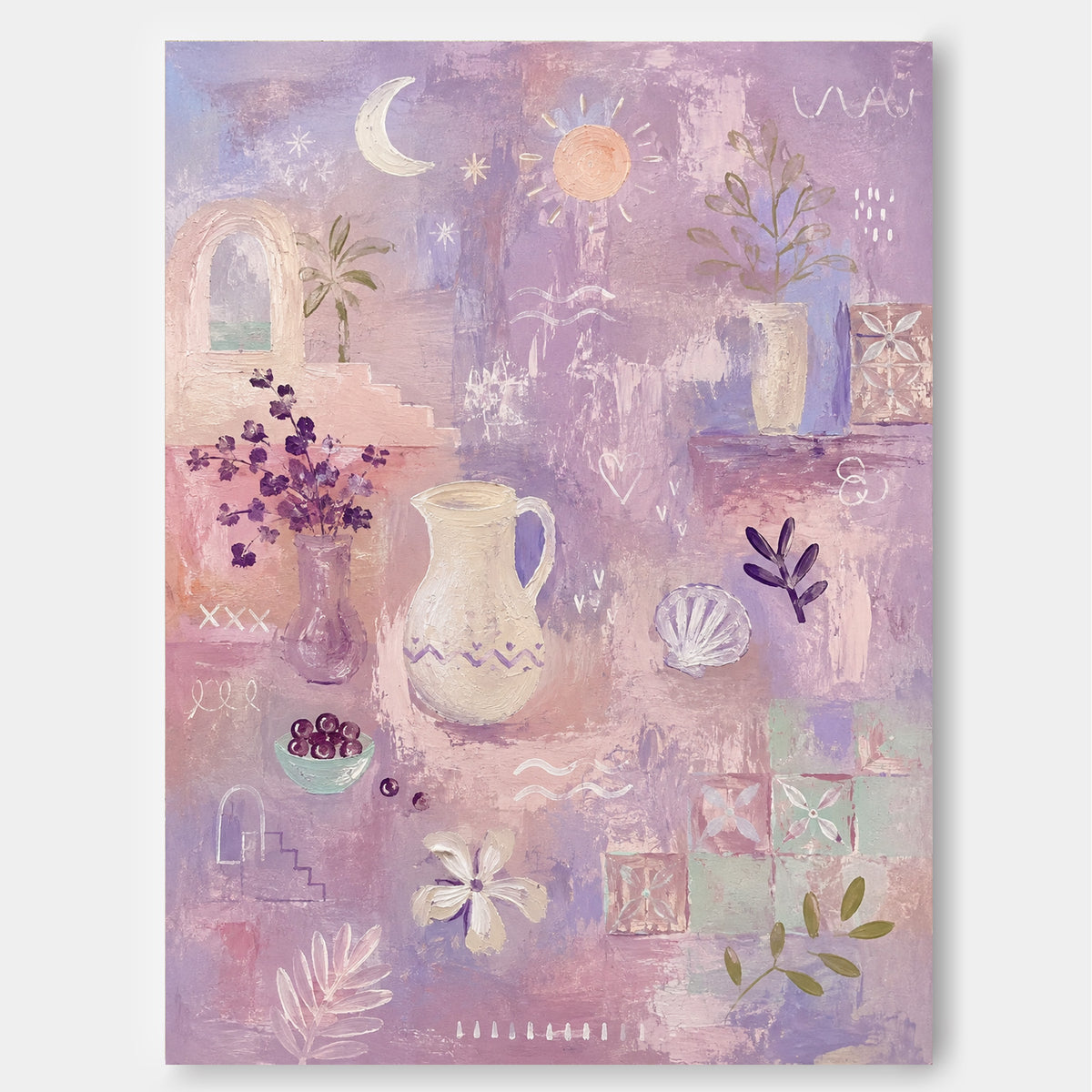 Romantic Vintage Geometric Abstract Painting In Soft Morandi Purple Tones