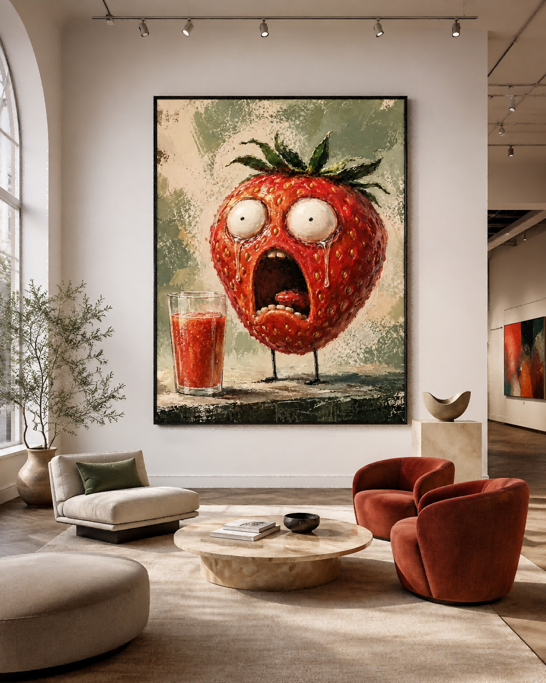 Surreal Anthropomorphic Fruit Art Canvas Featuring A Dramatic Strawberry Character