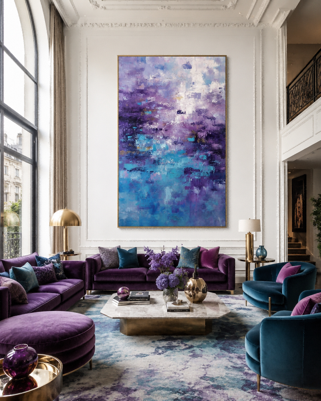 Large Abstract Purple Blue Painting With Textured Brushstrokes For Modern Home Decor