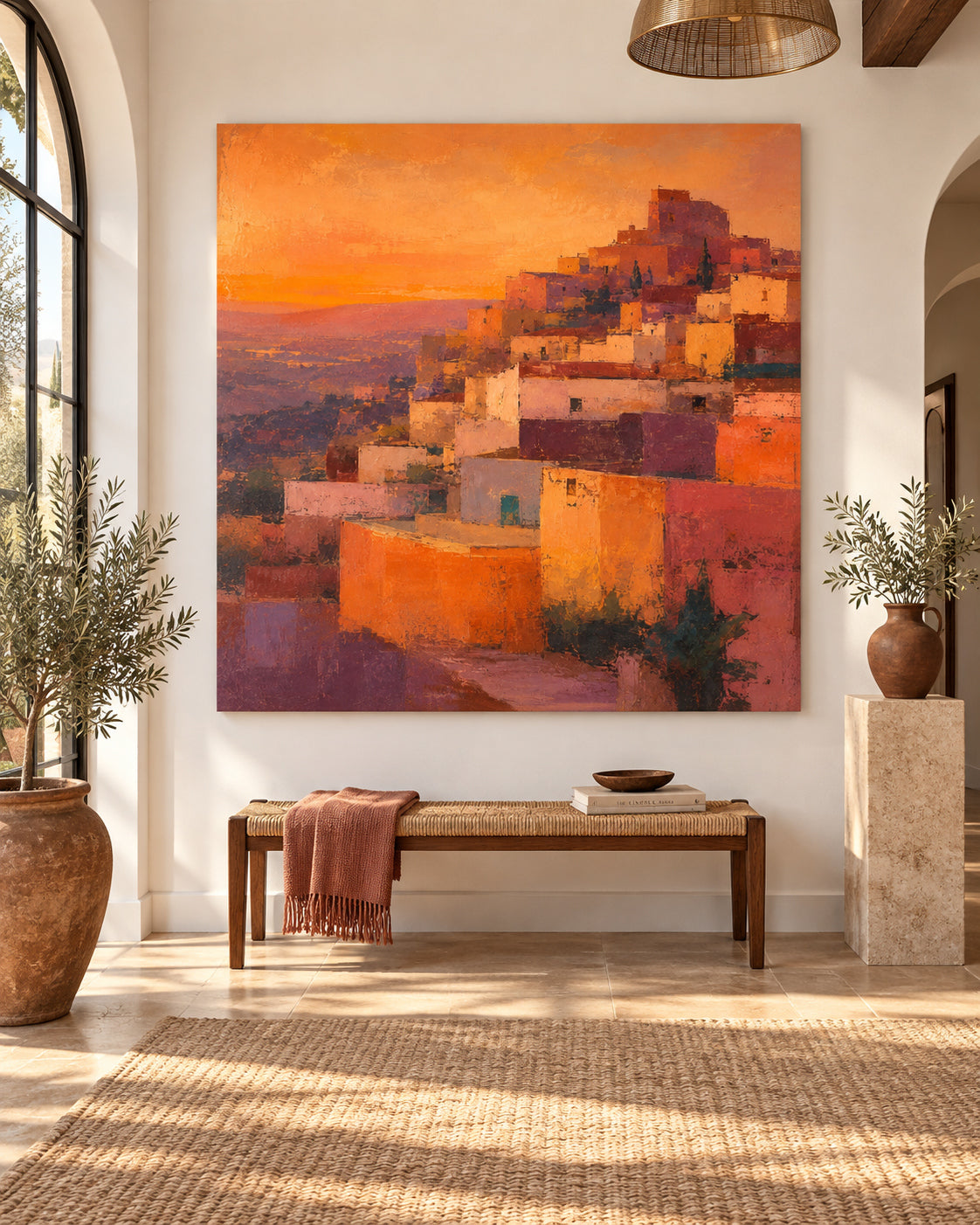 Hand-Painted Hillside Village Canvas Art In Warm Orange And Purple Tones