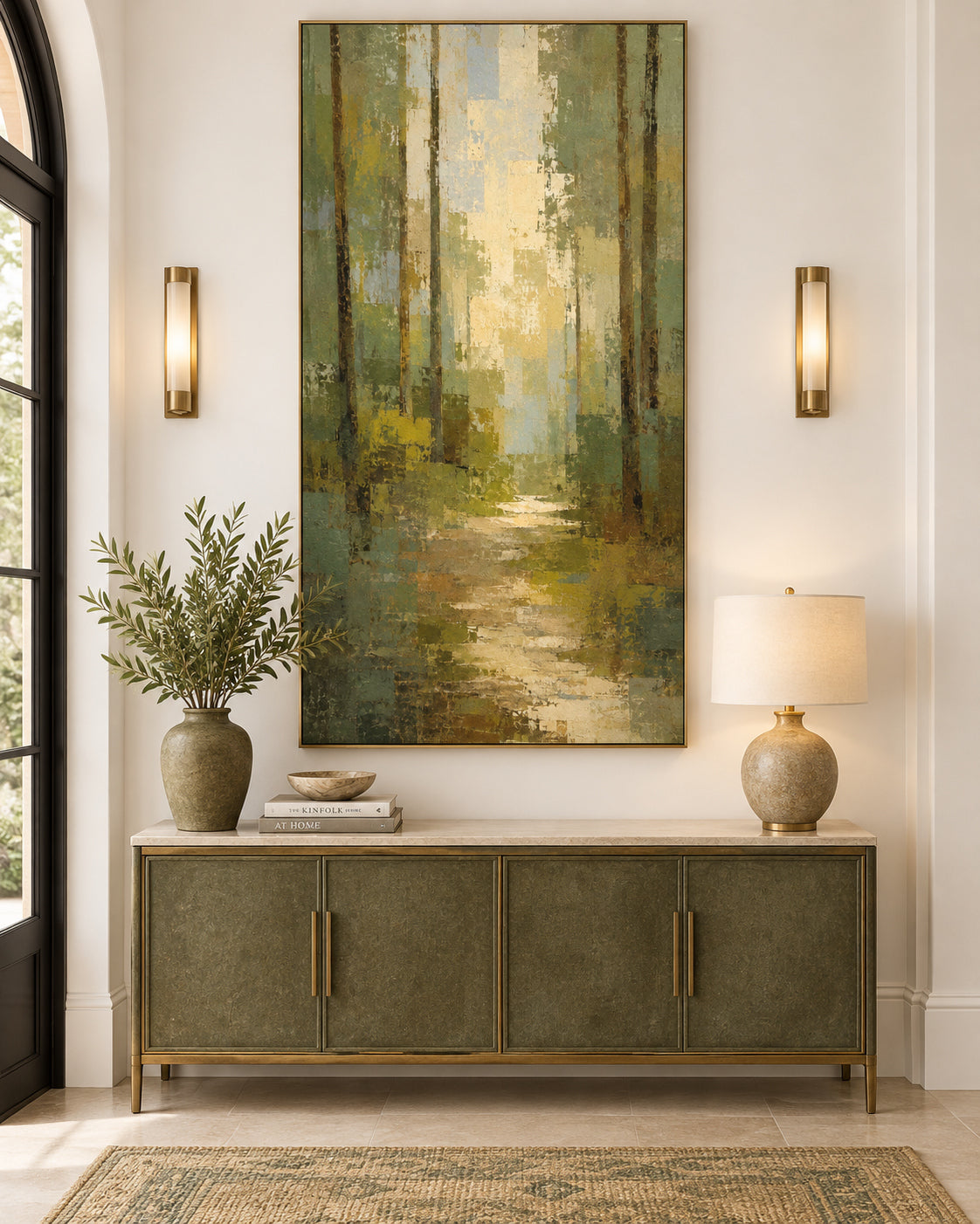 Abstract Forest Path Hand-Painted Canvas Art With Green And Gold Tones