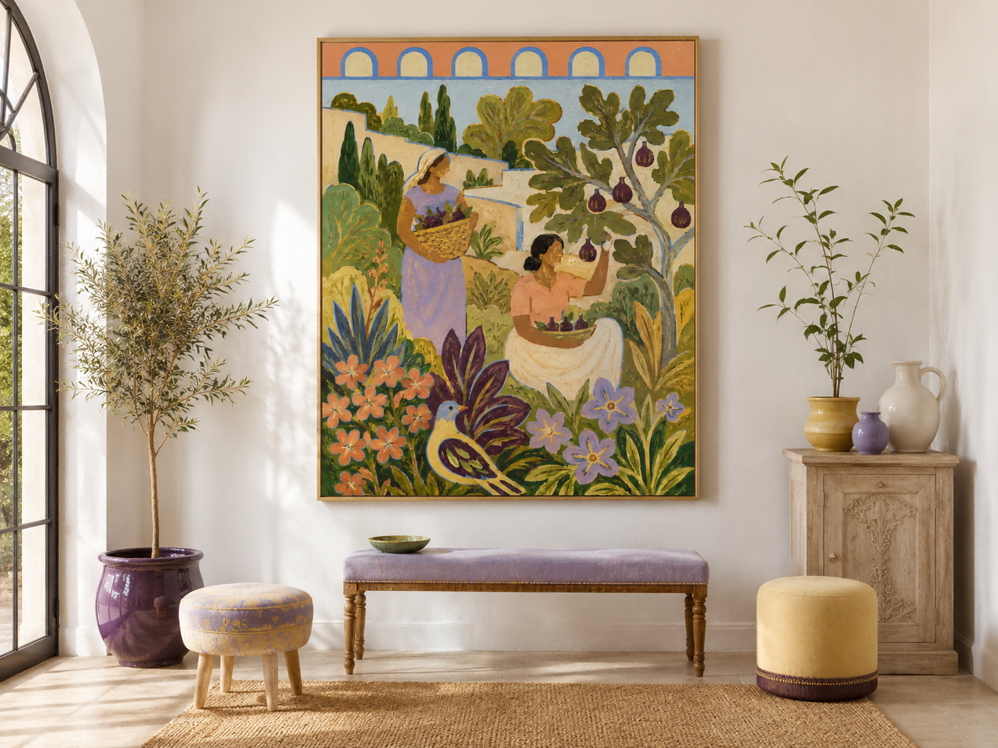 Fantasy Landscape Oil Painting With Purple Figs And Geometric Archways Fantasy Landscape Oil Painting With Purple Figs And Geometric Archways