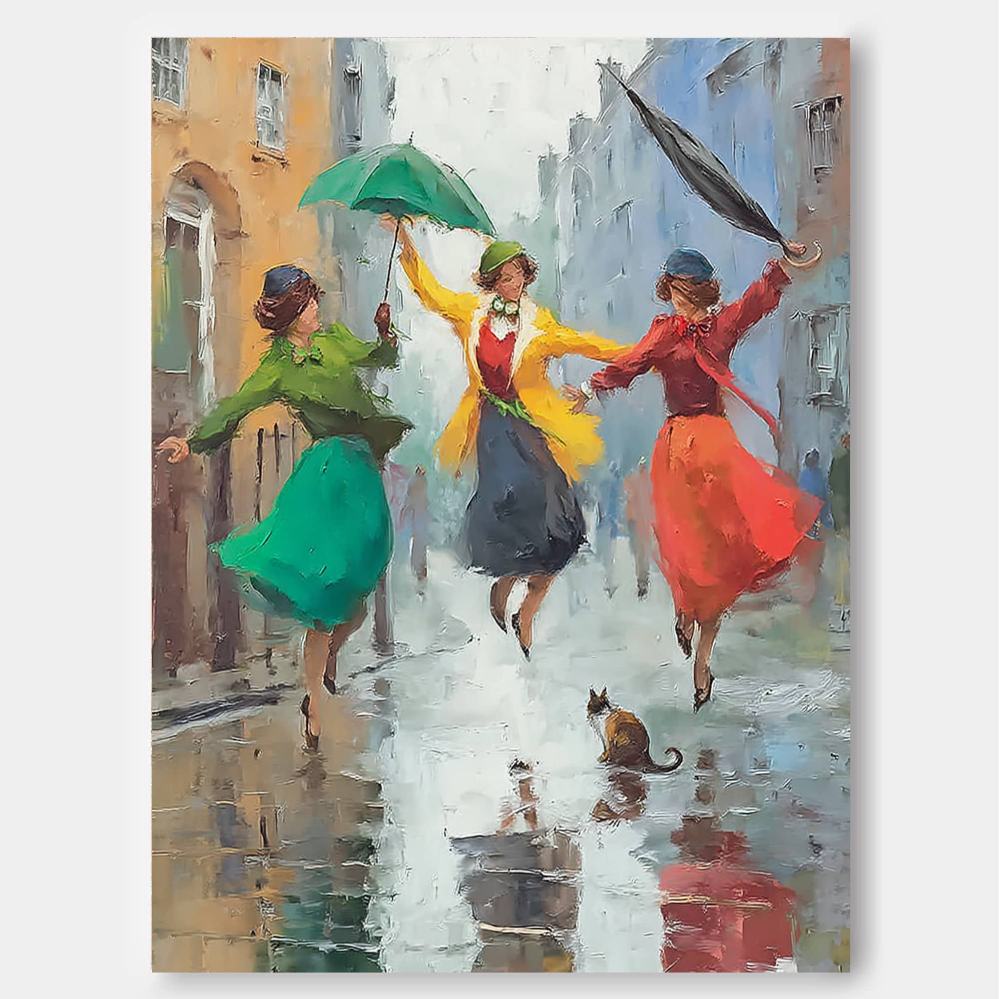 Retro Urban Street Scene Oil Painting With Colorful Umbrellas And Reflections For Chic Apartment Interior Design