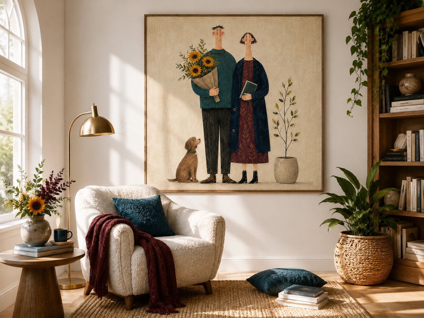 Square Organic Modern Art Featuring Couple And Pet In Earthy Colors Ideal For Bedroom Or Reading Nook Decoration