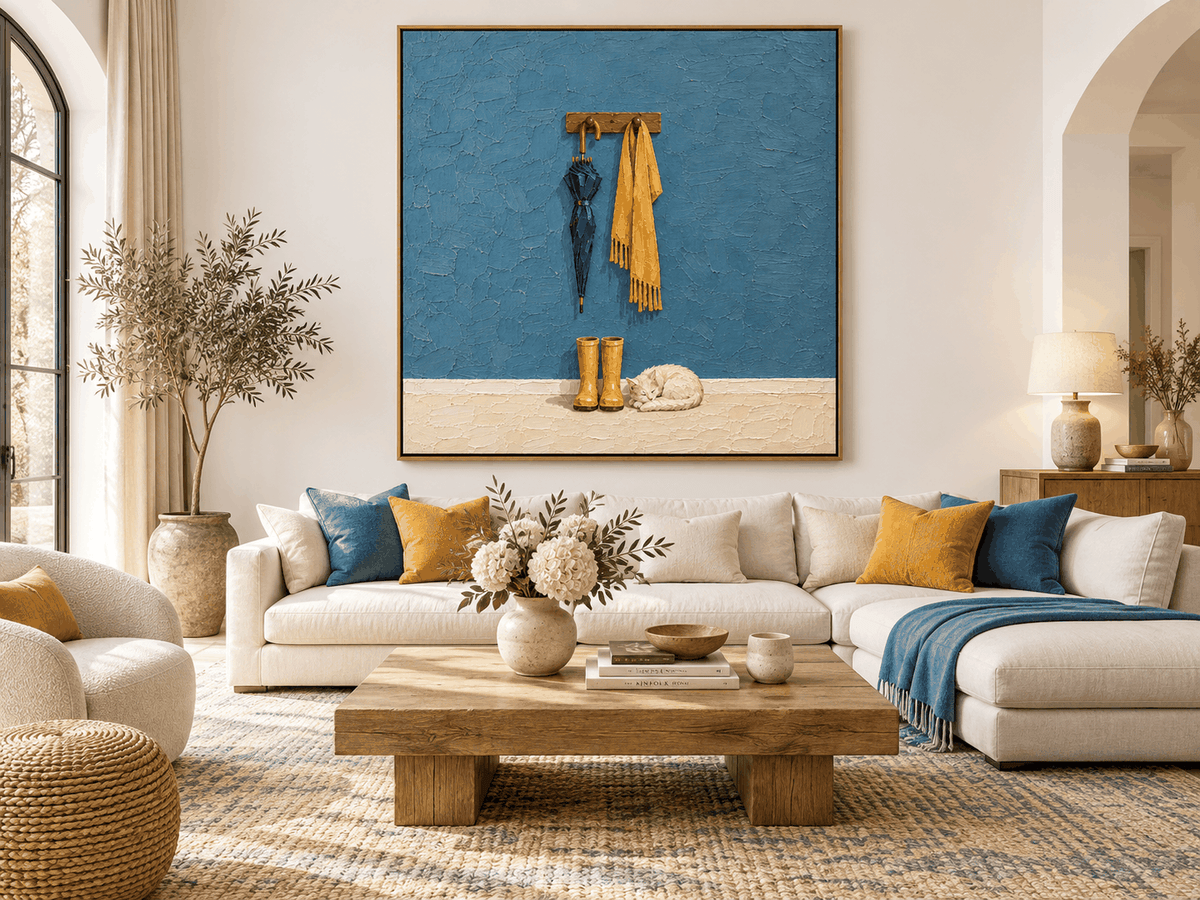 Textured Modern Rustic Painting With Warm Color Contrast And Pet Theme