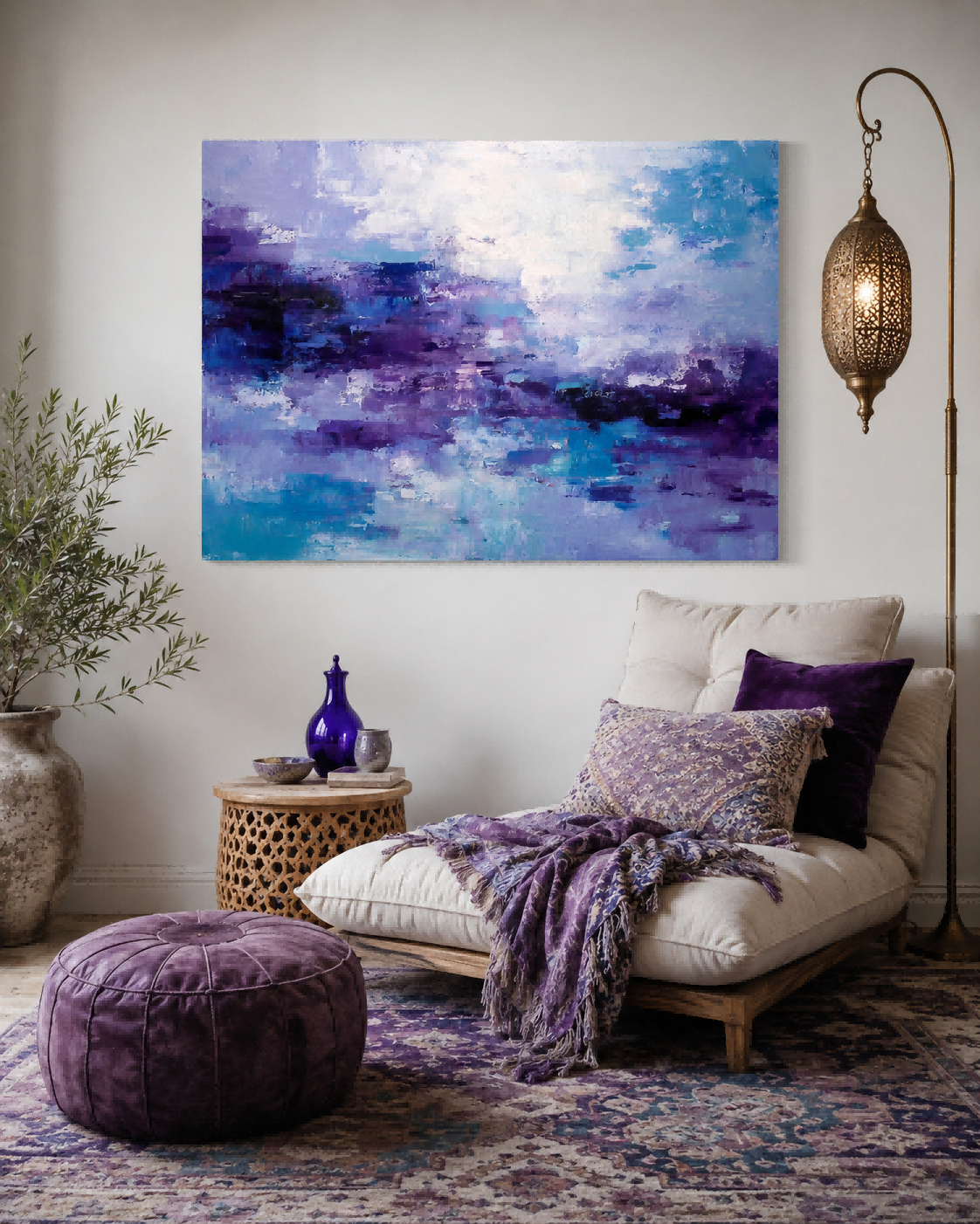 Horizontal Violet And Teal Oil Art For Lounge And Bedroom Calm Atmosphere Design