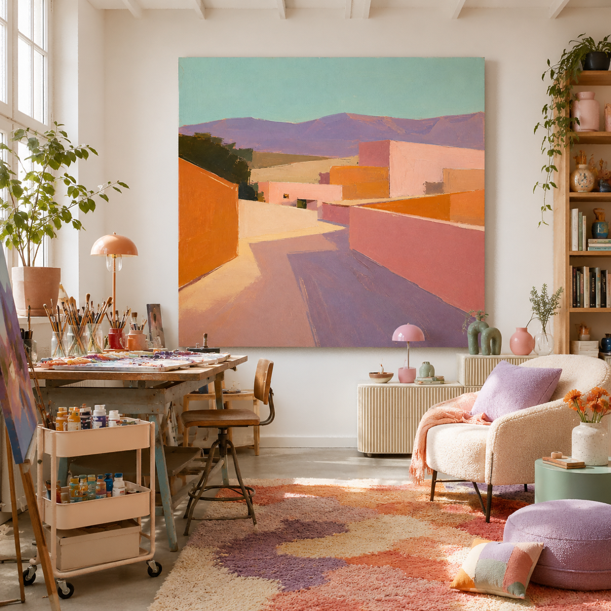Modern Abstract Town Painting With Warm Tones For Contemporary Home Decor
