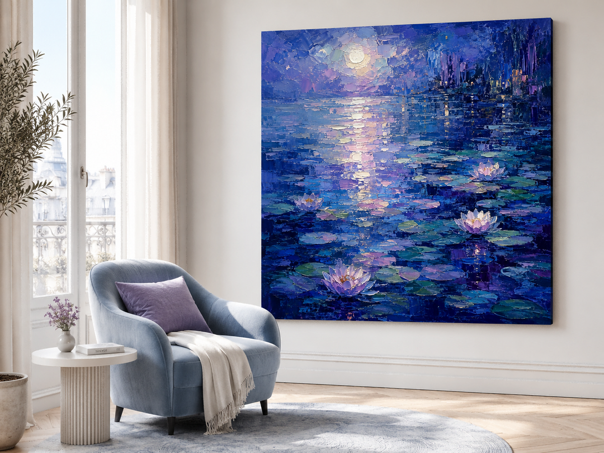 Impressionist Night Landscape Oil Painting With Heavy Texture And Moonlight