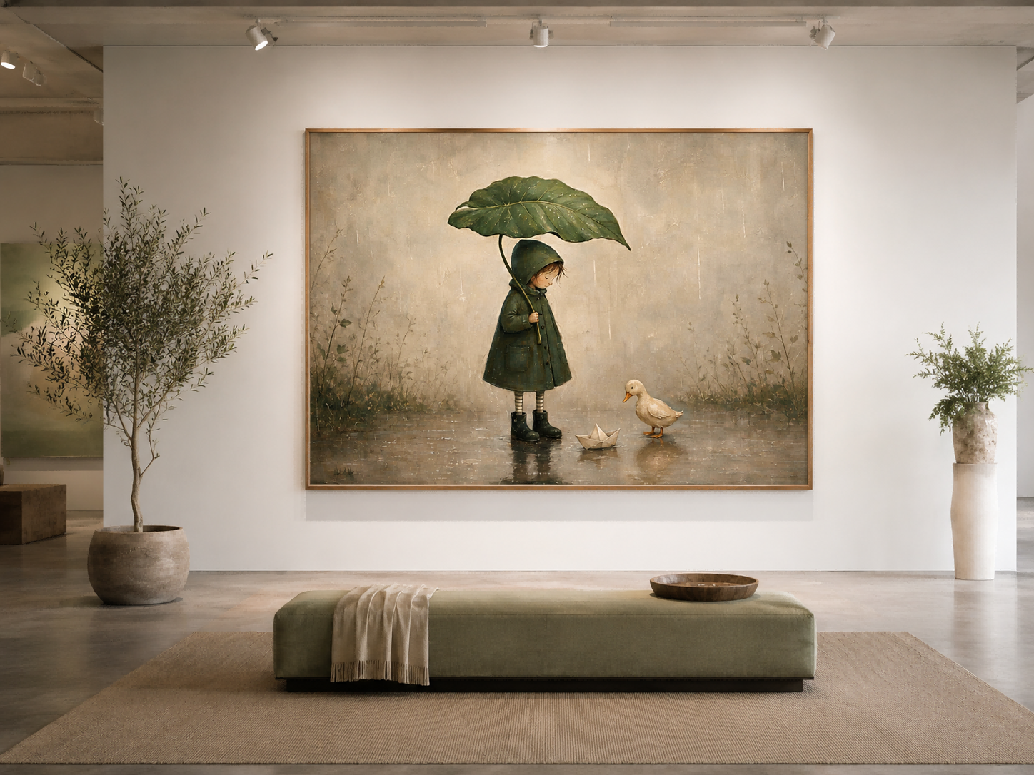 Vintage Style Rain Scene Painting With Paper Boat And Duckling For Wall Decor