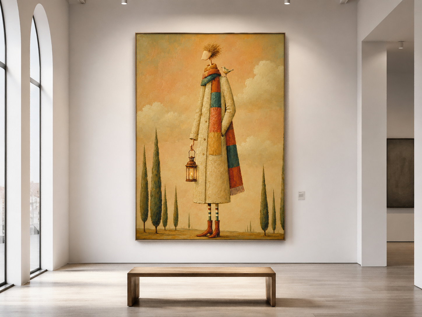 Surreal Man With Lantern And Bird Canvas Painting In Warm Beige Tones