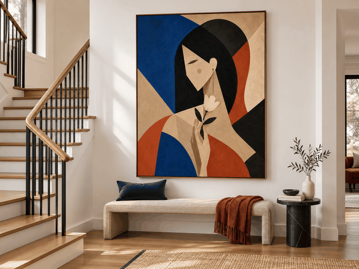 Modern Geometric Romantic Art Print With Royal Blue And Brick Red
