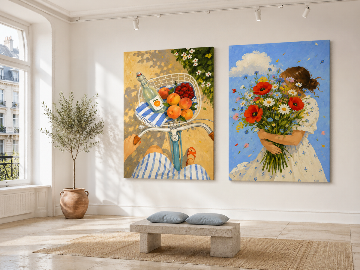 Hand-Painted Summer Flowers And Fruit Bicycle Canvas Art Diptych