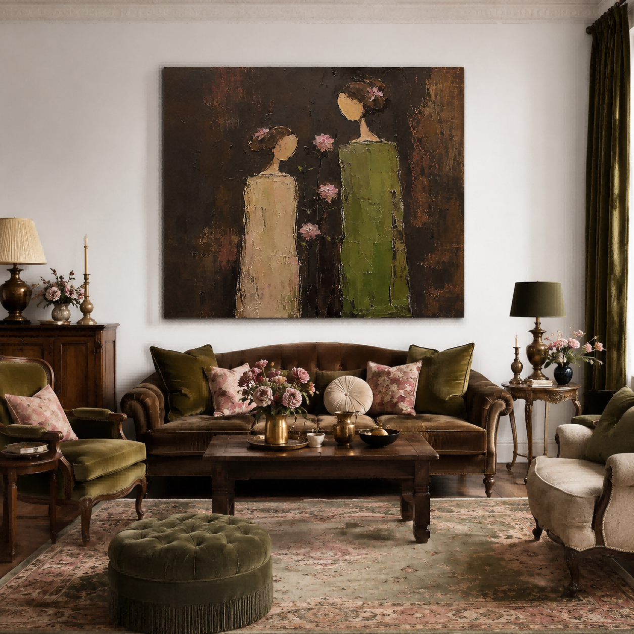 Minimalist Vintage Women Painting With Pink Flowers In Square Canvas Art For Living Room Decor