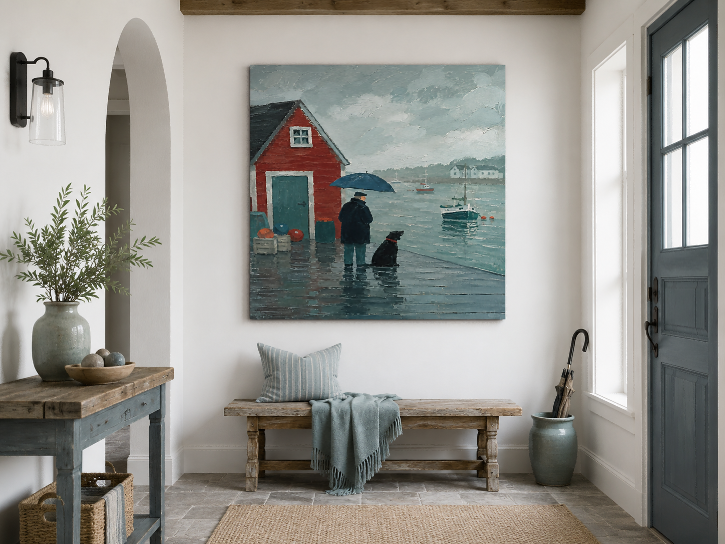 Textured Impressionist Seascape With Red Cabin And Boat Original Canvas