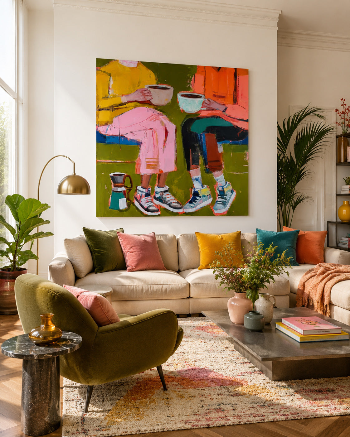 Square Canvas Artwork Depicting Modern Friendship Through Colorful Expressionist Style