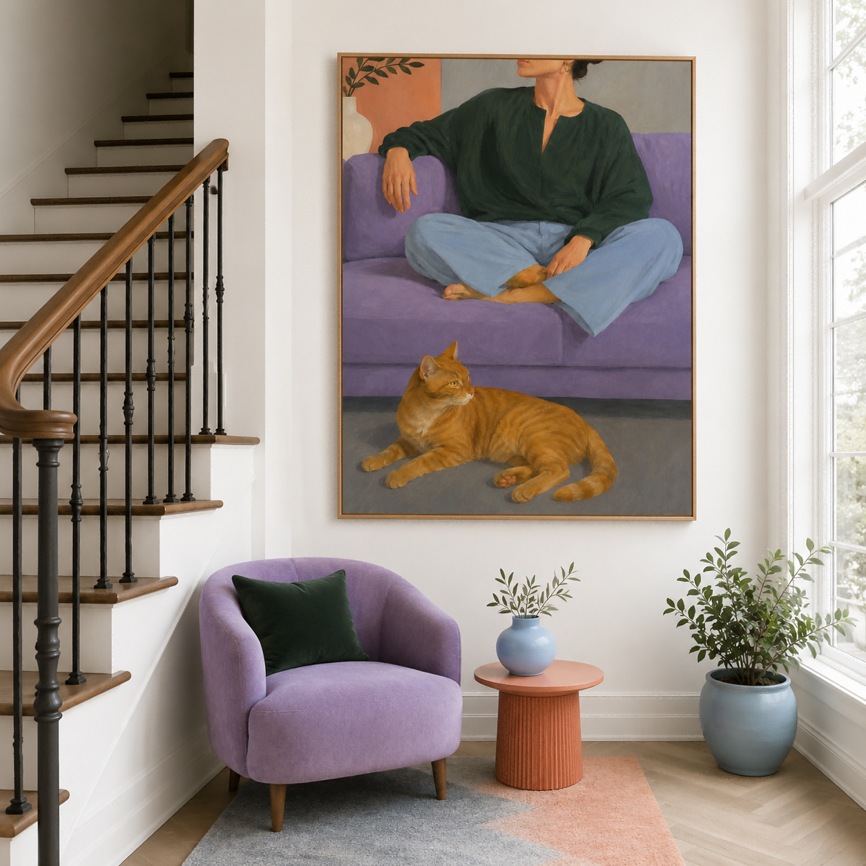 Woman And Cat On Purple Sofa Modern Figurative Oil Painting Hand-Painted Canvas Art