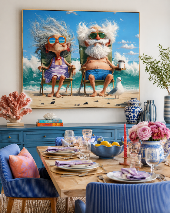 Quirky Modern Caricature Painting Of Seniors At Beach Great For Contemporary Wall Art Collections