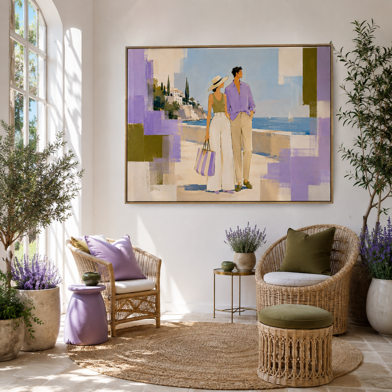 Chic Fashion Illustration Oil Painting Modern Abstract Mediterranean Couple Artwork For Living Room Wall Decor