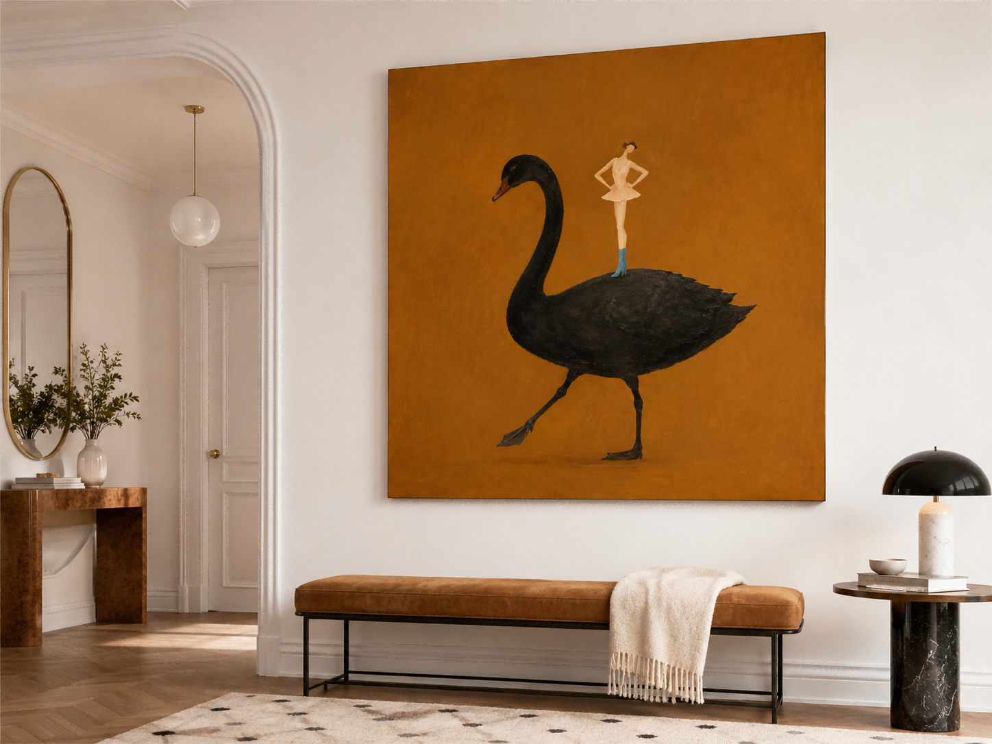 Surrealist Fashion Illustration Original Painting On Canvas Ochre Background Ballerina And Black Swan Hand-Painted Canvas Art In Warm Brown Tones