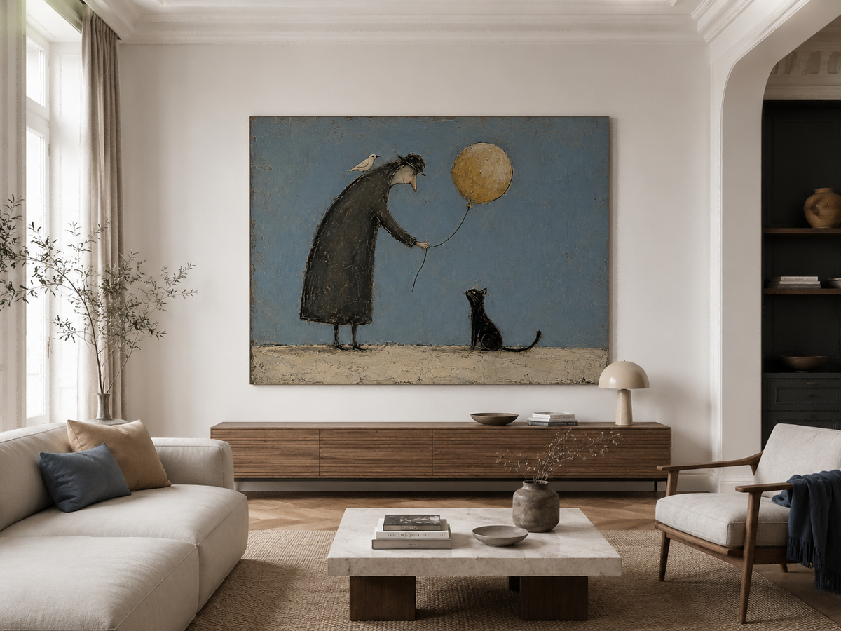 Healing Vintage Illustration Canvas Art Golden Blue Tones Whimsical Living Room Wall Art Modern Vintage Animal Painting