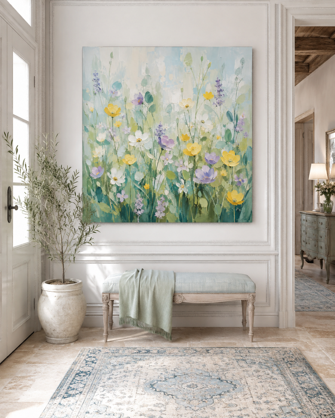 Hand-Painted Floral Meadow Canvas Art With Impasto Texture For Modern Home