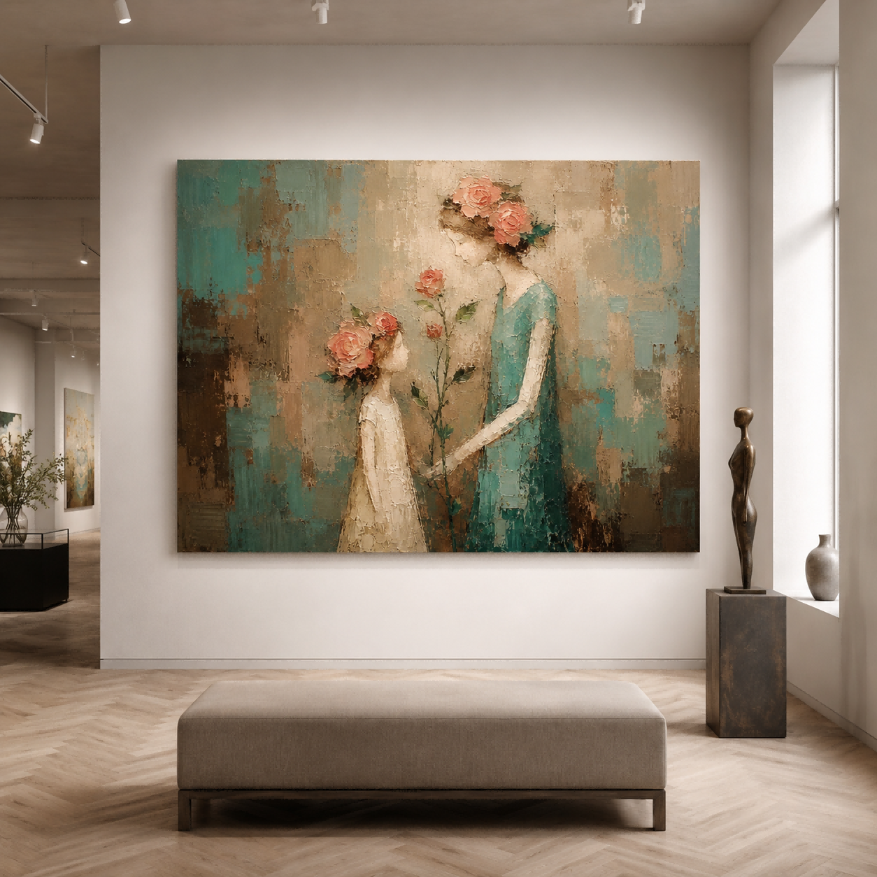 Hand Painted Impasto People Art With Soft Pink Flowers In Retro Style For Bedroom And Lounge Walls