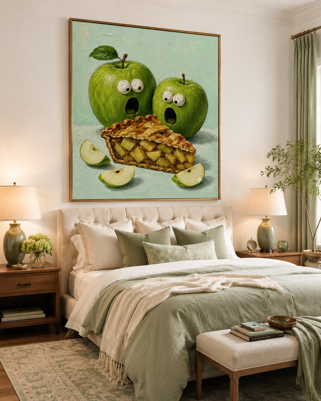 Whimsical Green Apple Pie Painting Abstract Food Art For Modern Kitchen Wall Decor