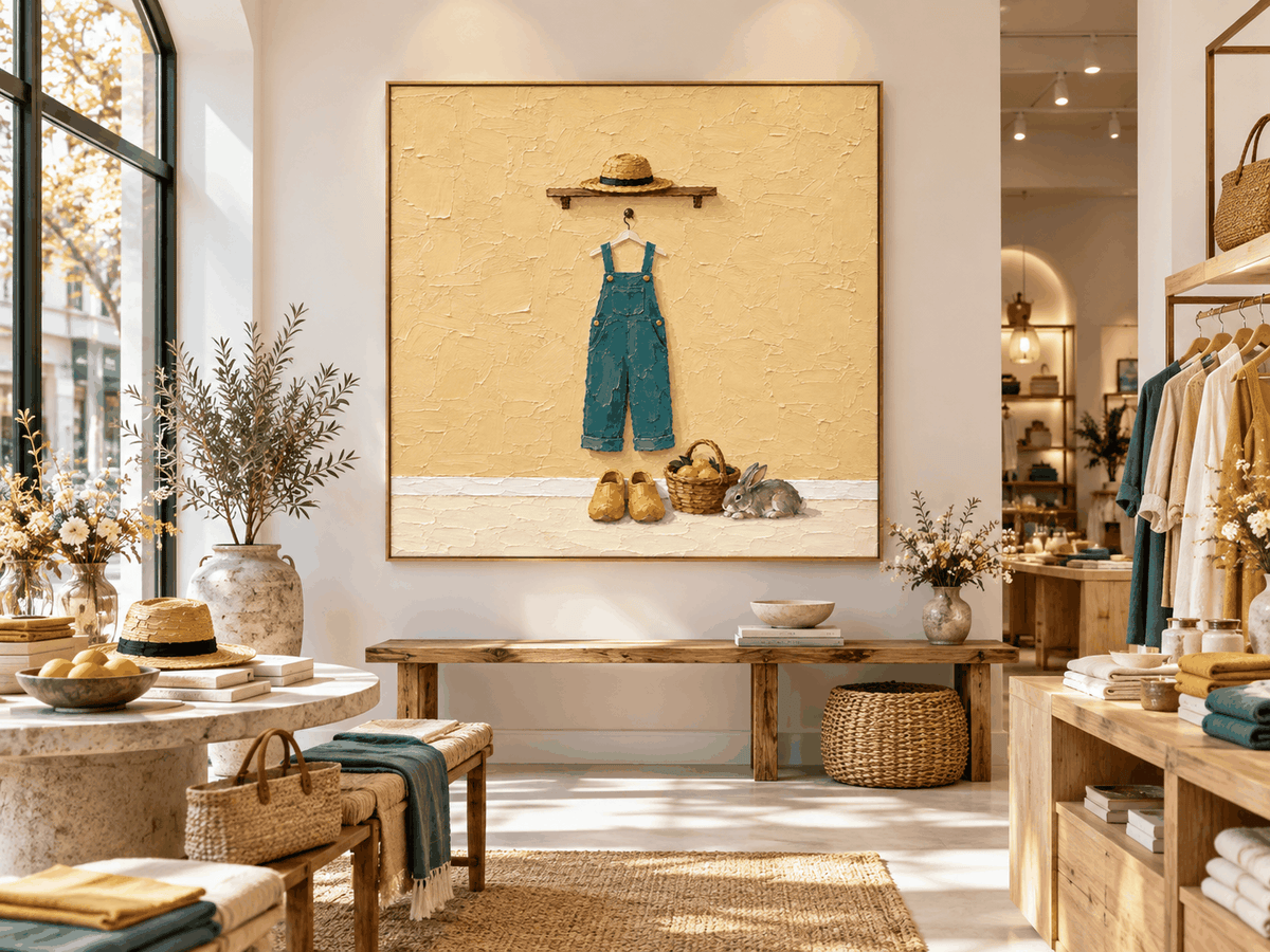 Rabbit And Overalls Wall Art Charming Entryway Art With Textured Beige And Blue-Green Tones
