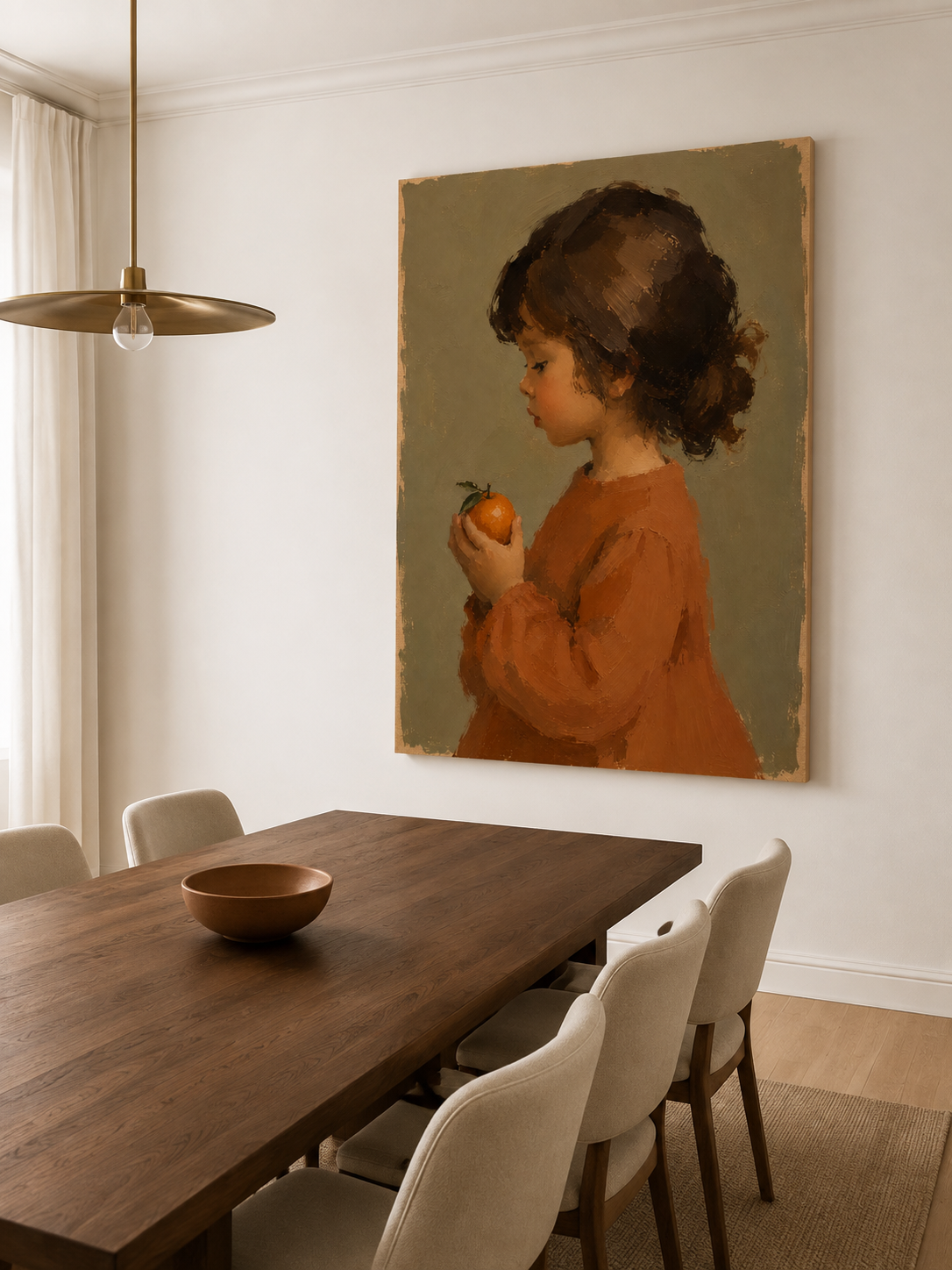 Vintage Girl Portrait With Orange Hand-Painted Canvas Art In Warm Earth Tones