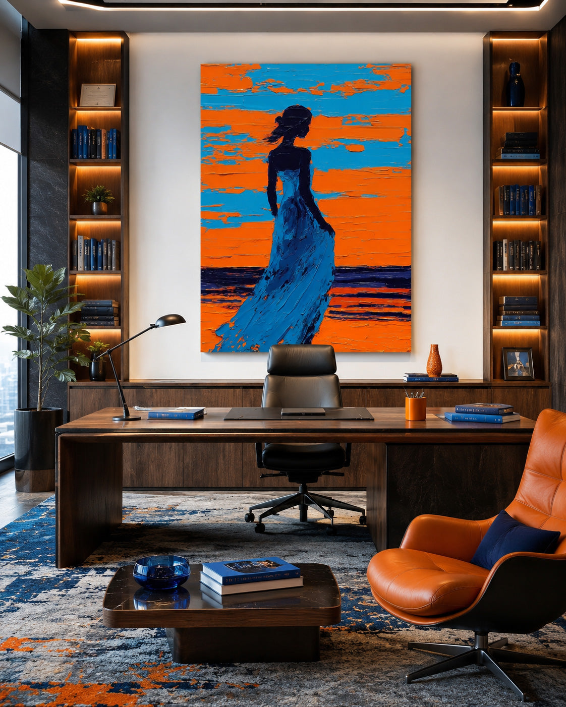 Contemplative Woman Silhouette Against Sunset Ocean Original Oil Painting For Wall Art