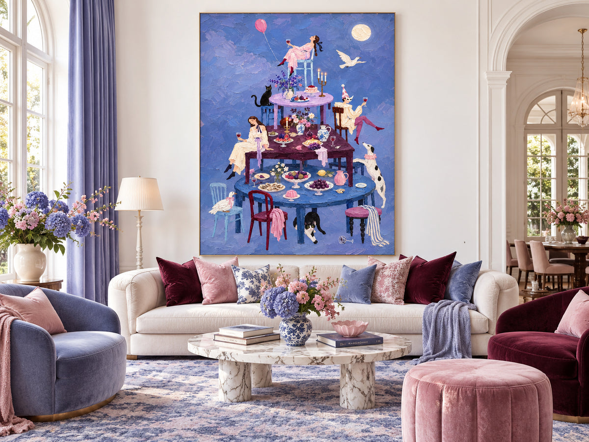 Surreal Moonlit Banquet Hand-Painted Canvas Art With Stacked Tables And Animals Vintage Dining Room Wall Art