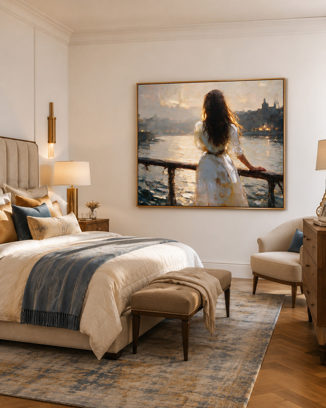Impressionist Style Canvas Art Of Woman Gazing At City Lights By Water