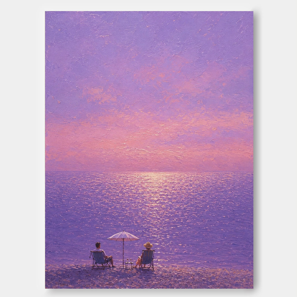 Romantic Purple Seascape Hand-Painted Canvas Art With Golden Sunset Glow