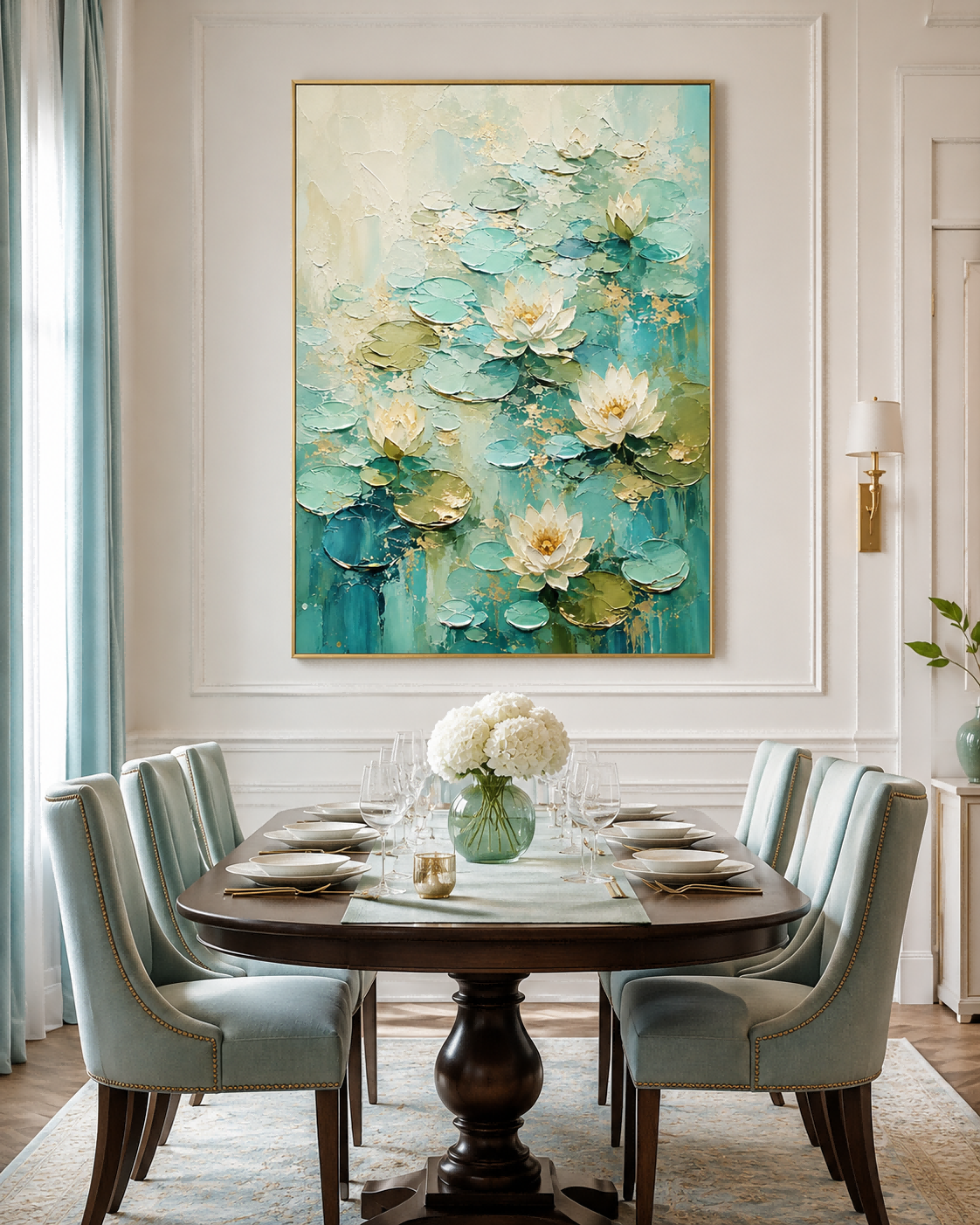Modern Abstract Impasto Art Inspired By Monets Garden With Teal And White Tones