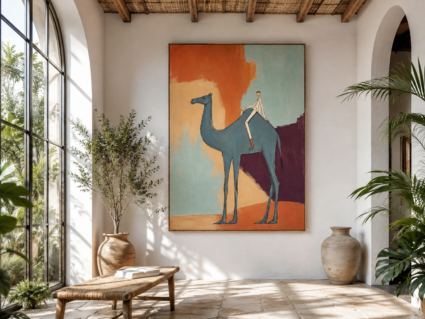 Creative Modernist Figurative Art With Bold Colors And Unique Composition Blue Camel And Rider Abstract Canvas Painting With Color Block Background