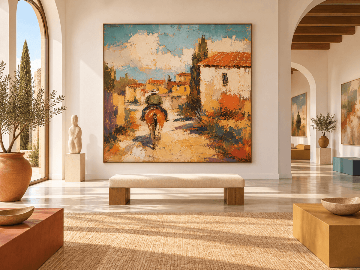 Impressionist Tuscan Style Painting Warm Tones Textured Square Canvas