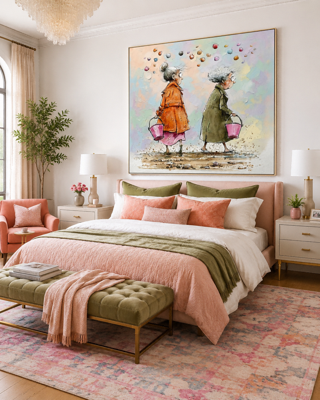 Square Wall Art For Living Room Featuring Whimsical Beach Scene With Two Ladies