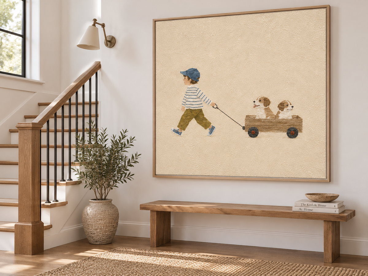 Warm Beige Kids Room Wall Art Boy And Dogs Original Painting