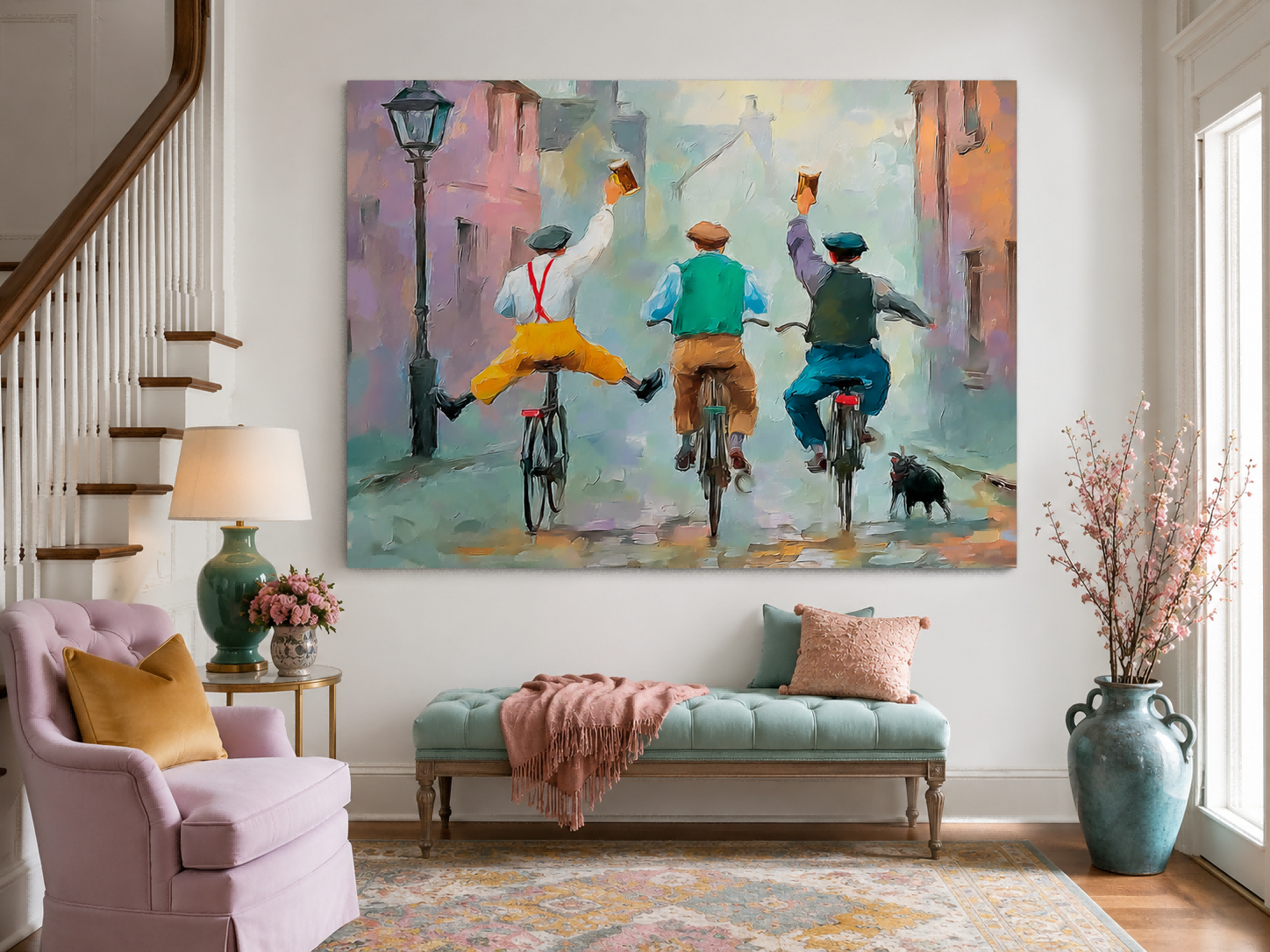 Impressionist Street Scene With Three Men Cycling And Celebrating Vintage Wall Art
