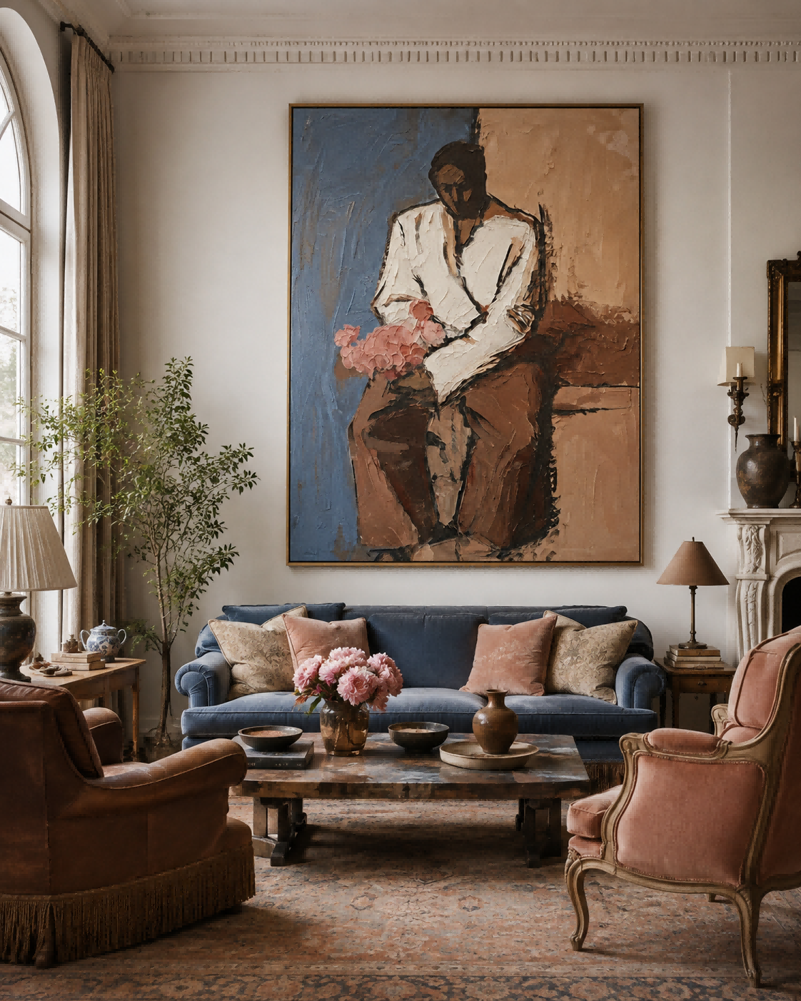 Expressive Figure Art With Thick Brushstrokes And Blue Brown Tones For Study Decor