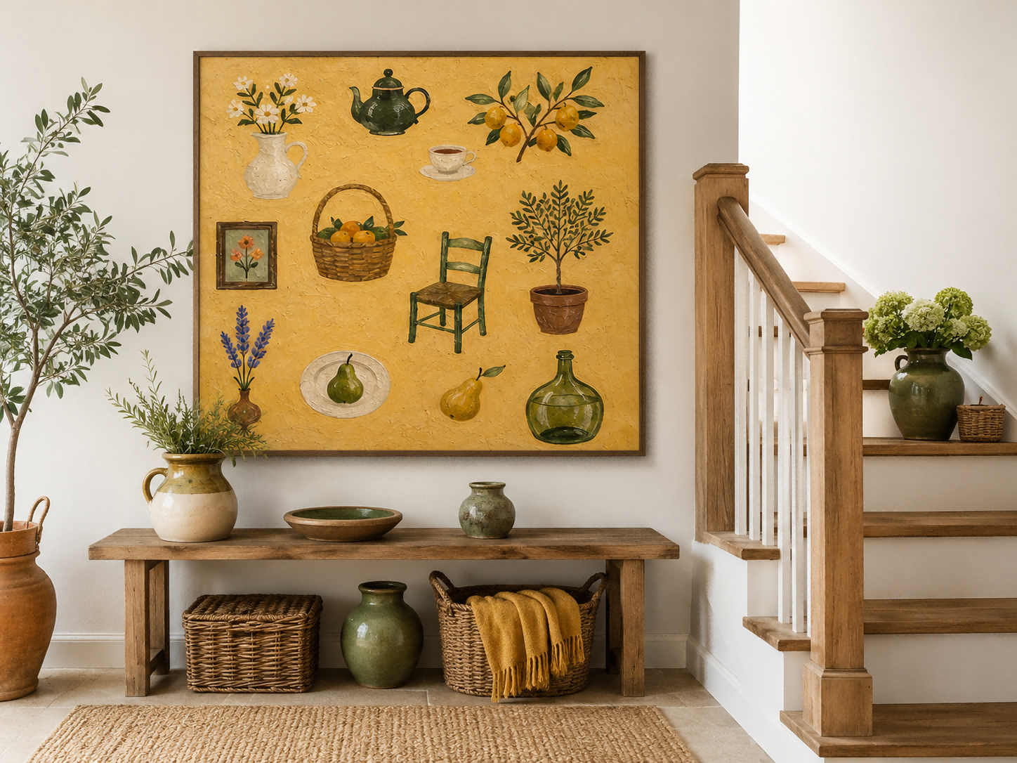 Vintage Pastoral Oil Painting With Lemons And Teapot For Country Kitchen Wall Art Decor