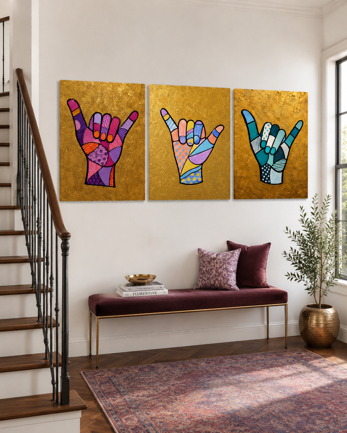 Colorful Geometric Pop Art Triptych With Textured Gold Leaf Finish