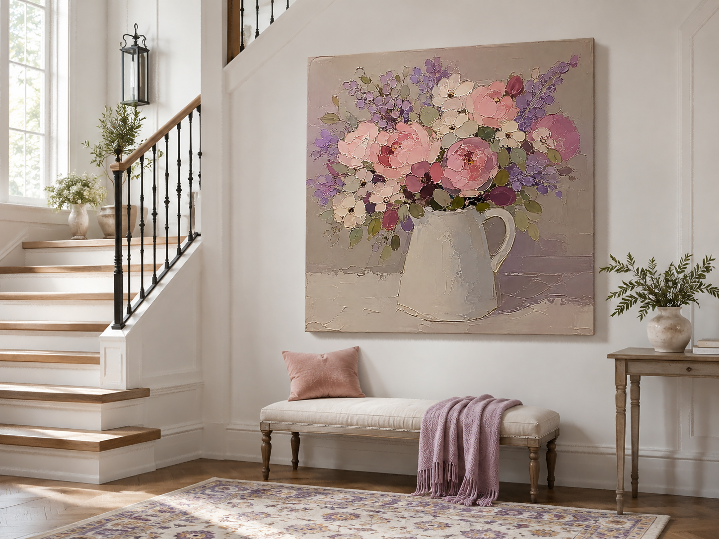 Abstract Impasto Floral Painting In Soft Pink Purple Tones Original Art
